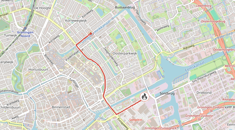 Kaart van de omgeving van de melding, met de kazerne die is gealarmeerd