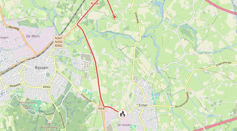 Kaart van de omgeving van de melding, met de kazerne die is gealarmeerd