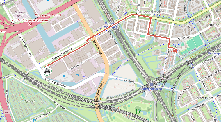 Kaart van de omgeving van de melding, met de kazerne die is gealarmeerd