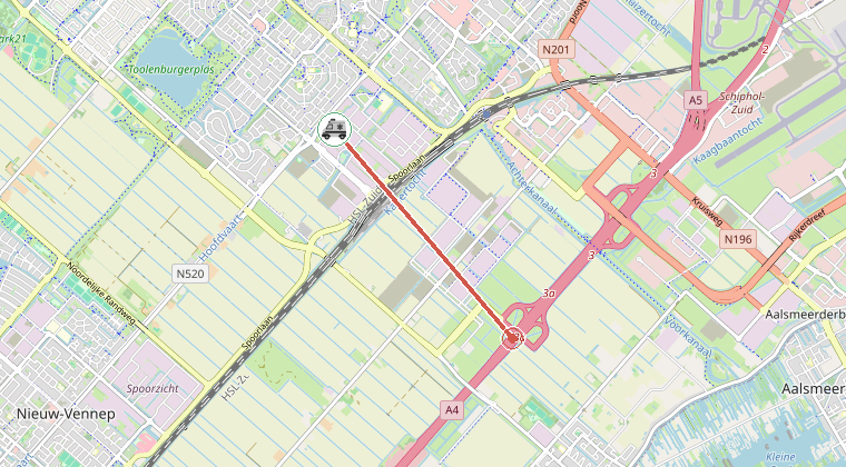 Kaart van de omgeving van de melding, met de kazerne die is gealarmeerd