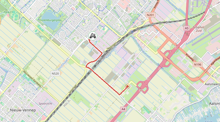 Kaart van de omgeving van de melding, met de kazerne die is gealarmeerd