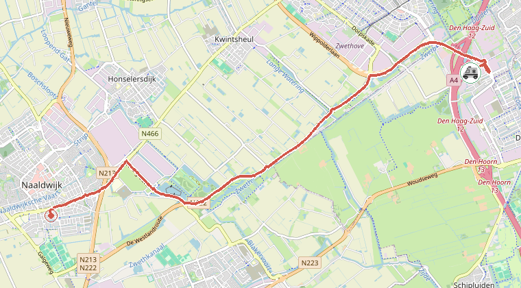 Kaart van de omgeving van de melding, met de kazerne die is gealarmeerd