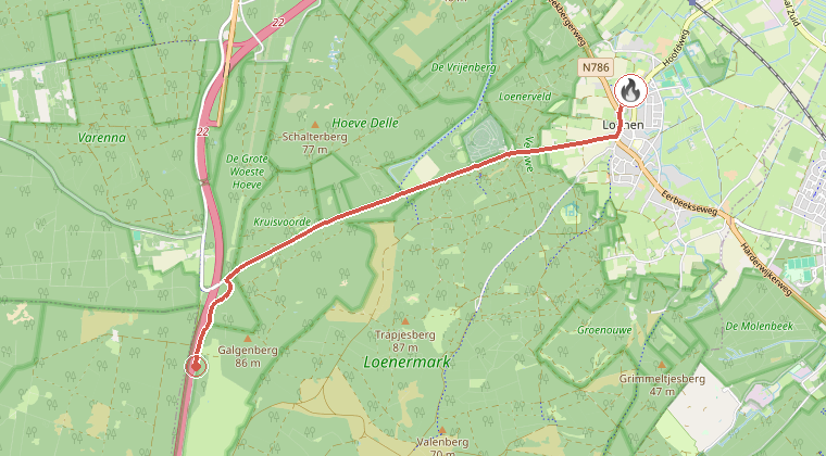 Kaart van de omgeving van de melding, met de kazerne die is gealarmeerd