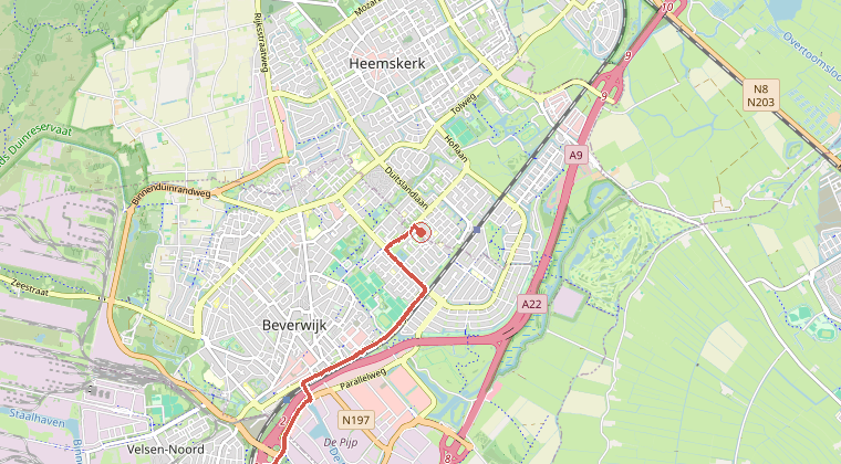 Kaart van de omgeving van de melding, met de kazerne die is gealarmeerd