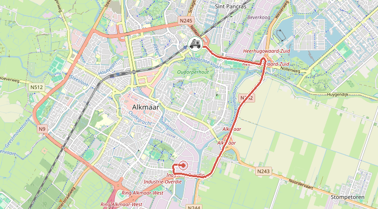 Kaart van de omgeving van de melding, met de kazerne die is gealarmeerd