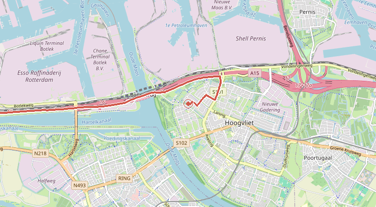 Kaart van de omgeving van de melding, met de kazerne die is gealarmeerd