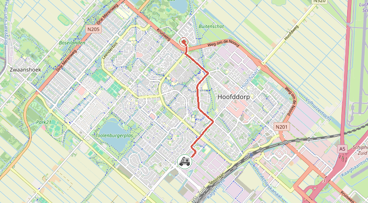 Kaart van de omgeving van de melding, met de kazerne die is gealarmeerd