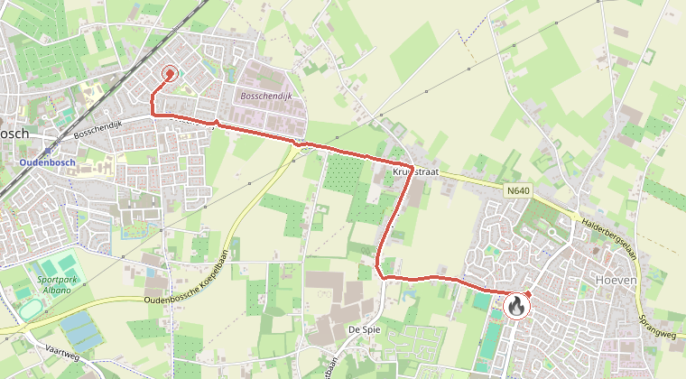 Kaart van de omgeving van de melding, met de kazerne die is gealarmeerd