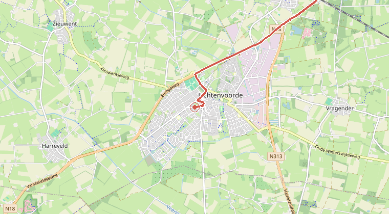 Kaart van de omgeving van de melding, met de kazerne die is gealarmeerd