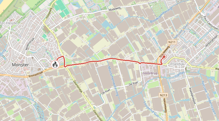 Kaart van de omgeving van de melding, met de kazerne die is gealarmeerd