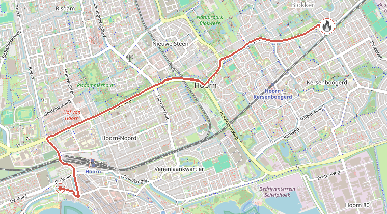 Kaart van de omgeving van de melding, met de kazerne die is gealarmeerd