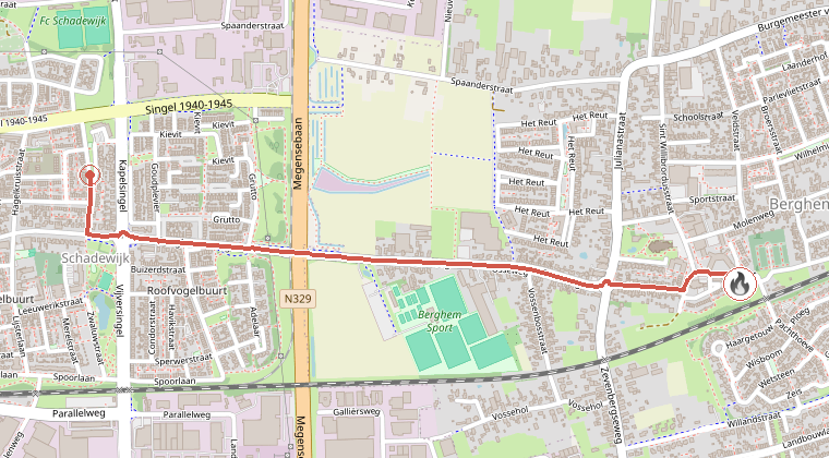 Kaart van de omgeving van de melding, met de kazerne die is gealarmeerd
