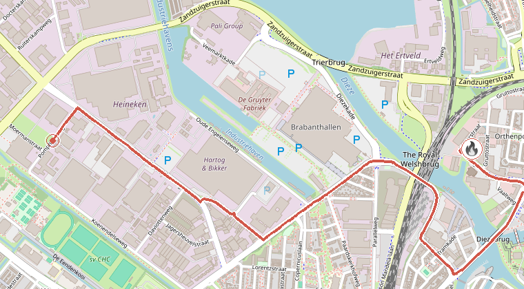 Kaart van de omgeving van de melding, met de kazerne die is gealarmeerd
