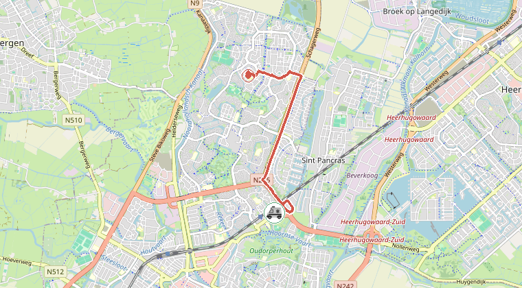 Kaart van de omgeving van de melding, met de kazerne die is gealarmeerd