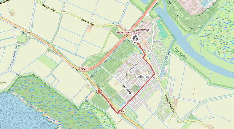 Kaart van de omgeving van de melding, met de kazerne die is gealarmeerd