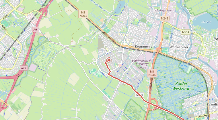 Kaart van de omgeving van de melding, met de kazerne die is gealarmeerd