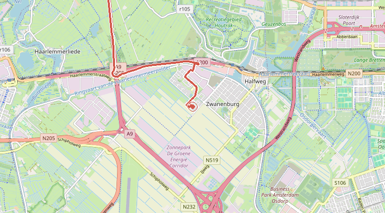Kaart van de omgeving van de melding, met de kazerne die is gealarmeerd
