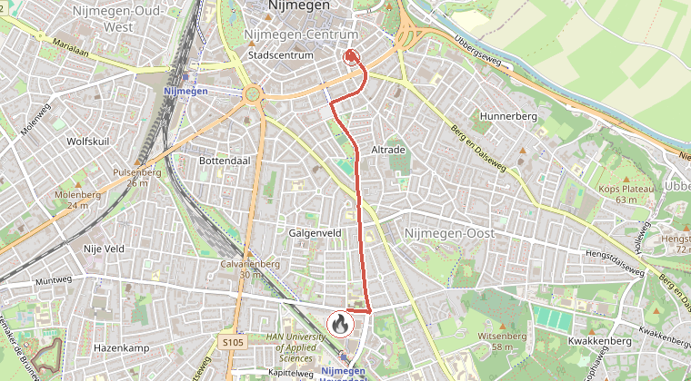 Kaart van de omgeving van de melding, met de kazerne die is gealarmeerd