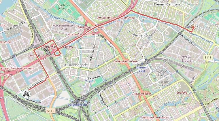 Kaart van de omgeving van de melding, met de kazerne die is gealarmeerd