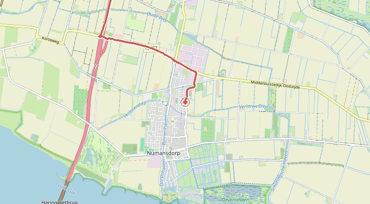 Kaart van de omgeving van de melding, met de kazerne die is gealarmeerd