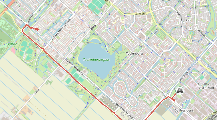 Kaart van de omgeving van de melding, met de kazerne die is gealarmeerd