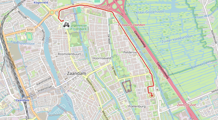 Kaart van de omgeving van de melding, met de kazerne die is gealarmeerd