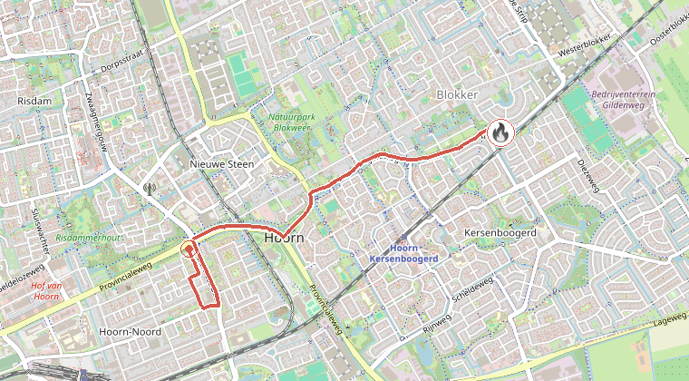 Kaart van de omgeving van de melding, met de kazerne die is gealarmeerd