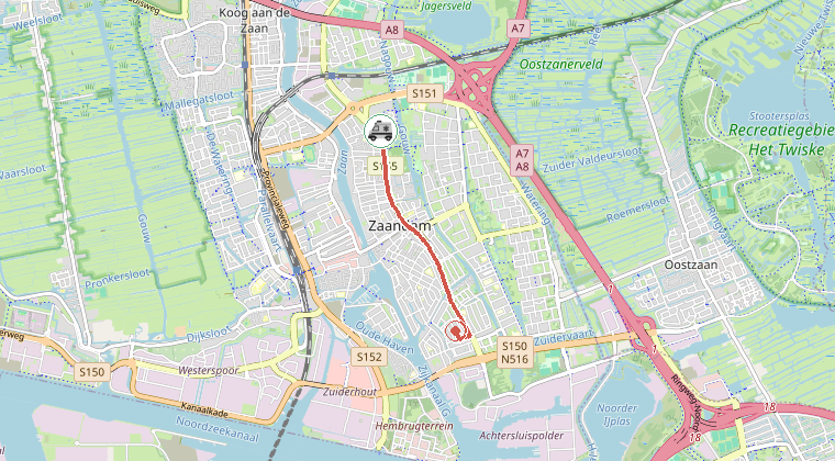Kaart van de omgeving van de melding, met de kazerne die is gealarmeerd
