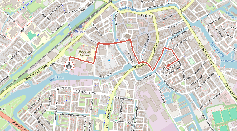 Kaart van de omgeving van de melding, met de kazerne die is gealarmeerd