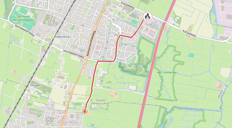 Kaart van de omgeving van de melding, met de kazerne die is gealarmeerd