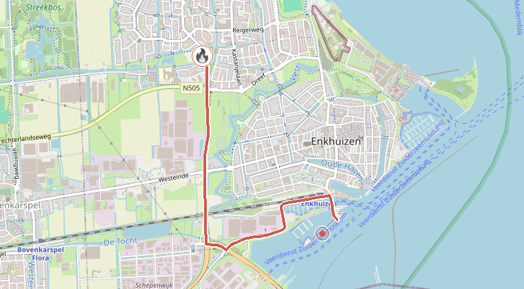 Kaart van de omgeving van de melding, met de kazerne die is gealarmeerd