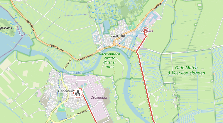 Kaart van de omgeving van de melding, met de kazerne die is gealarmeerd