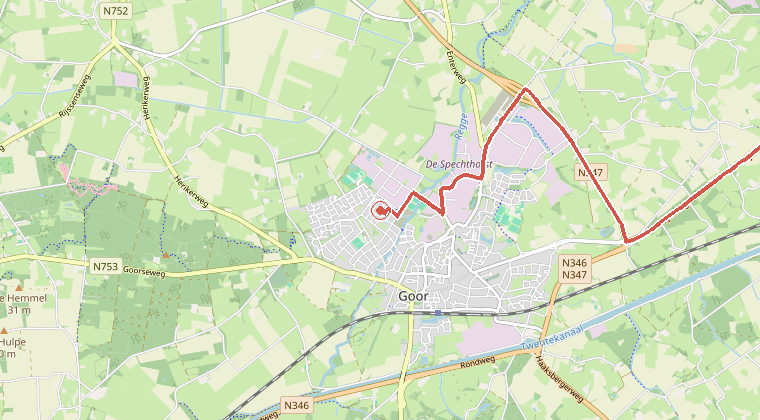 Kaart van de omgeving van de melding, met de kazerne die is gealarmeerd