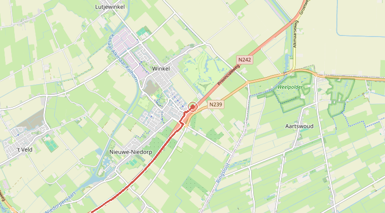 Kaart van de omgeving van de melding, met de kazerne die is gealarmeerd