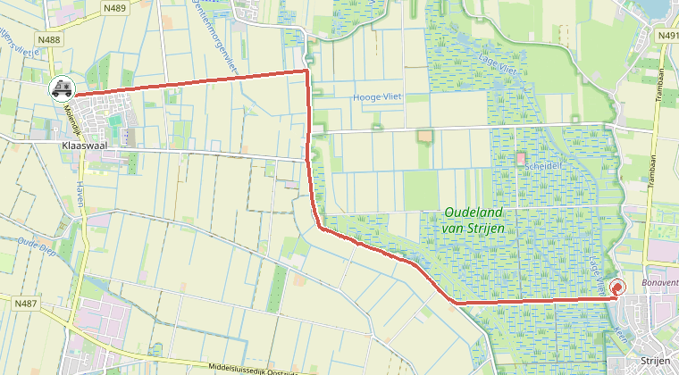 Kaart van de omgeving van de melding, met de kazerne die is gealarmeerd