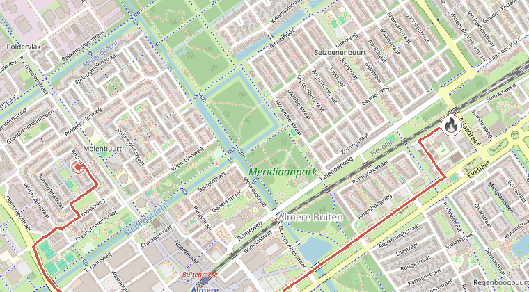 Kaart van de omgeving van de melding, met de kazerne die is gealarmeerd