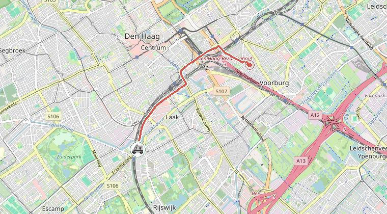 Kaart van de omgeving van de melding, met de kazerne die is gealarmeerd