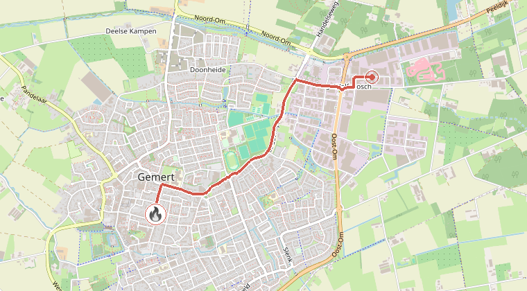 Kaart van de omgeving van de melding, met de kazerne die is gealarmeerd