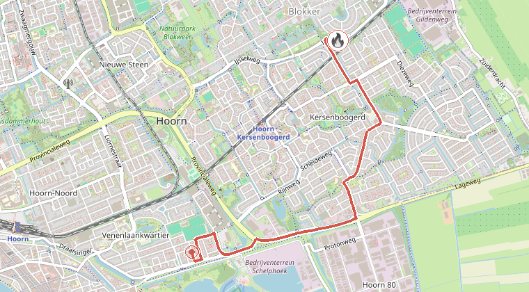 Kaart van de omgeving van de melding, met de kazerne die is gealarmeerd