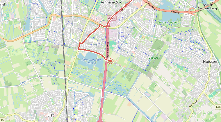 Kaart van de omgeving van de melding, met de kazerne die is gealarmeerd