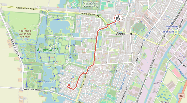 Kaart van de omgeving van de melding, met de kazerne die is gealarmeerd
