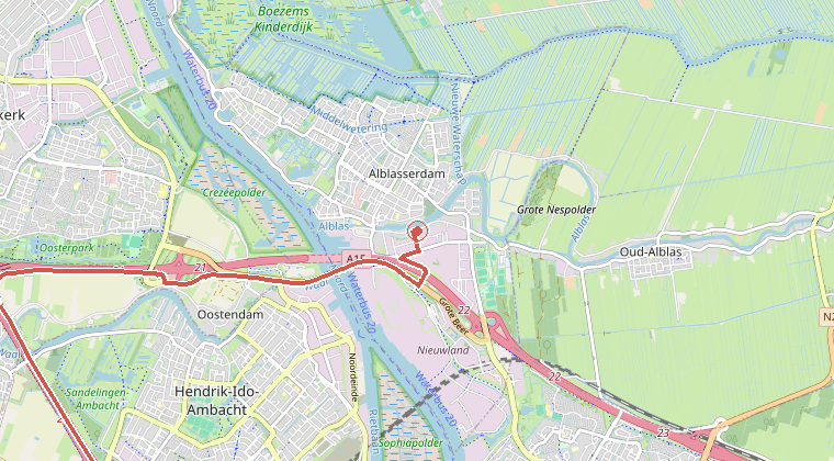 Kaart van de omgeving van de melding, met de kazerne die is gealarmeerd