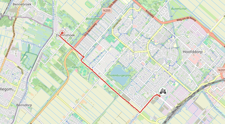 Kaart van de omgeving van de melding, met de kazerne die is gealarmeerd