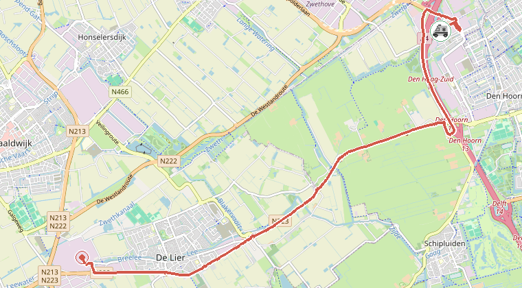 Kaart van de omgeving van de melding, met de kazerne die is gealarmeerd