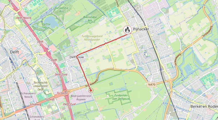 Kaart van de omgeving van de melding, met de kazerne die is gealarmeerd