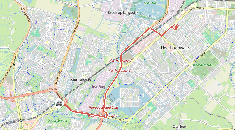 Kaart van de omgeving van de melding, met de kazerne die is gealarmeerd