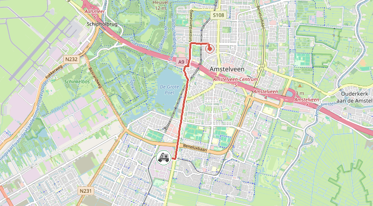 Kaart van de omgeving van de melding, met de kazerne die is gealarmeerd