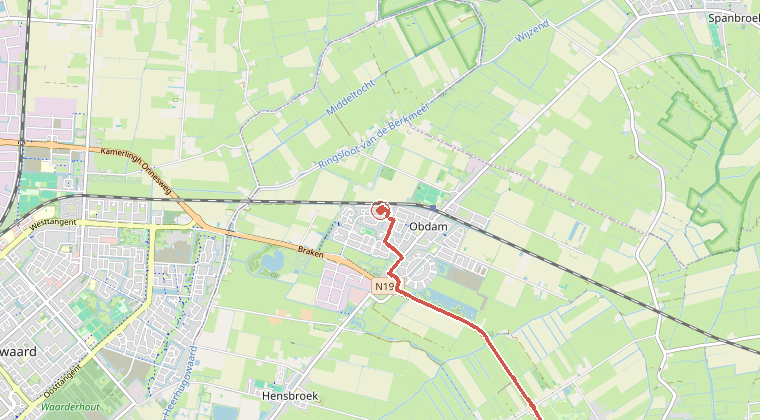 Kaart van de omgeving van de melding, met de kazerne die is gealarmeerd