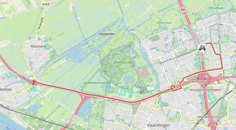 Kaart van de omgeving van de melding, met de kazerne die is gealarmeerd