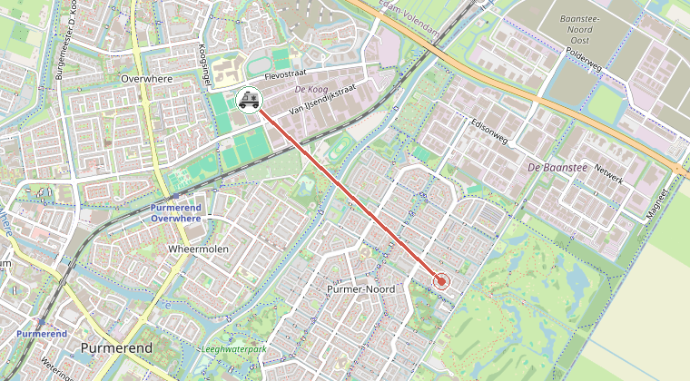 Kaart van de omgeving van de melding, met de kazerne die is gealarmeerd